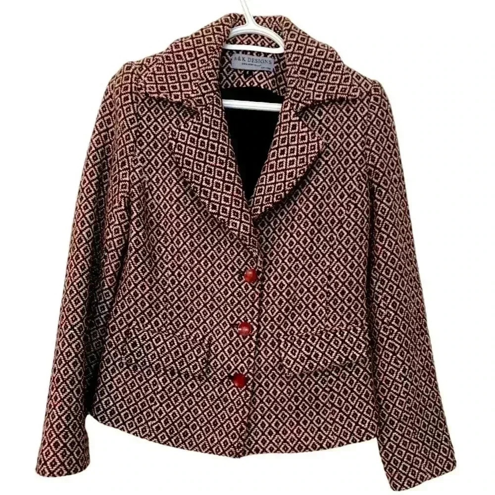 A & K  Designs pink/brown/white fitted blazer 50%wool/35%polyester/ 15%acrylic